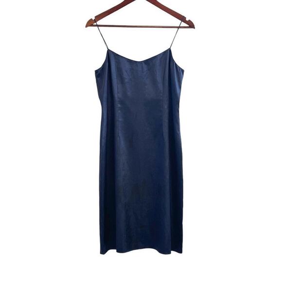 Teri Jon Rickie Freeman Slip Dress Mini Navy Size 4 Satin Silky Spaghetti Straps - Picture 1 of 6